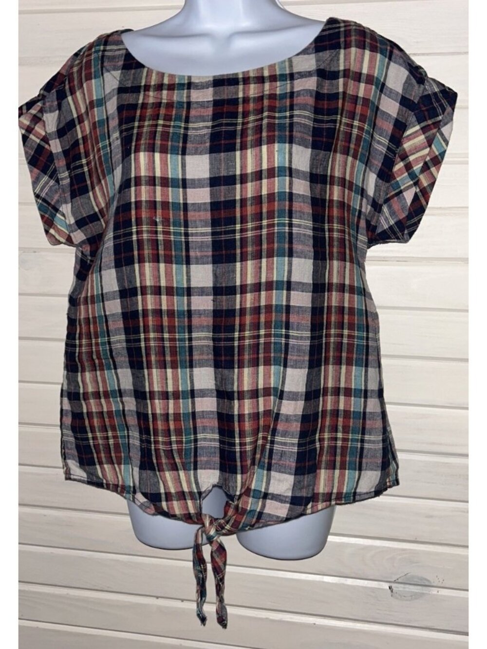 LL Bean Signature Sz SMALL Plaid 100% Linen Top Pullover Tie Front Washable EUC